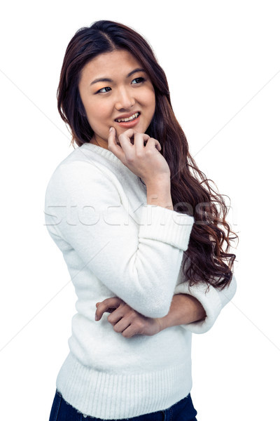 Souriant asian femme main menton blanche [[stock_photo]] © wavebreak_media