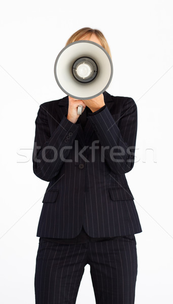 Photo stock: Femme · d'affaires · mégaphone · cacher · visage · orateur