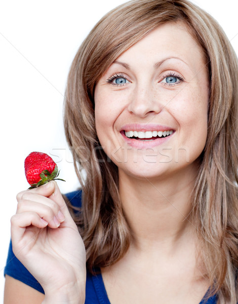 Mujer atractiva comer fresas blanco feliz frutas Foto stock © wavebreak_media