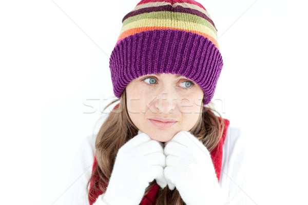 Cute vrouw denken witte mode ruimte Stockfoto © wavebreak_media