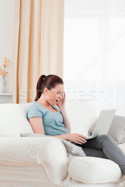 Zdjęcia stock: Pretty · woman · relaks · laptop · posiedzenia · sofa · salon