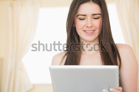 Close up of a smiling woman using a laptop in her living room Stock photo © wavebreak_media
