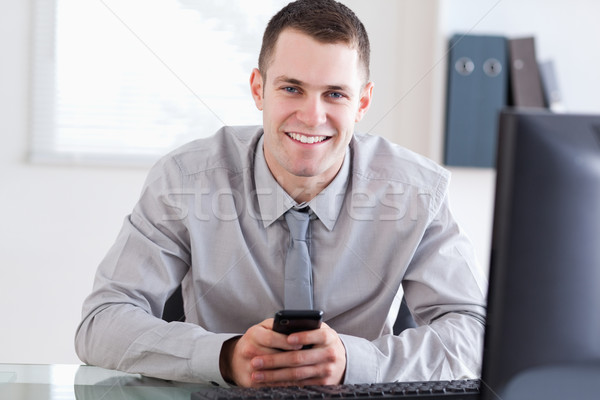 Foto stock: Sorridente · empresário · feliz · negócio · telefone