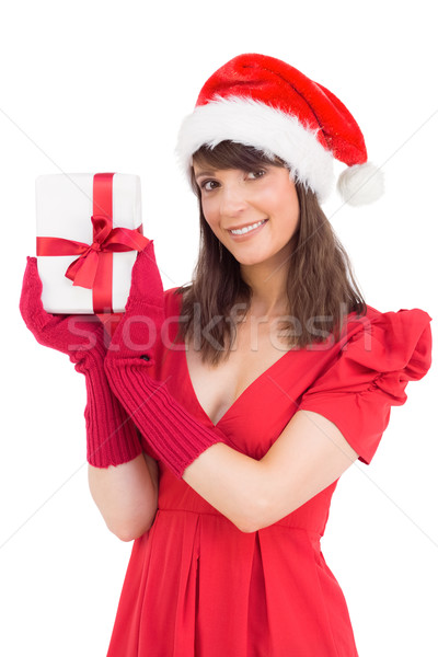 Cute brunette cadeau blanche mode [[stock_photo]] © wavebreak_media