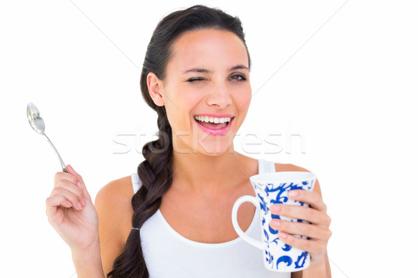 Dość brunetka kubek herbaty biały szczęśliwy Zdjęcia stock © wavebreak_media