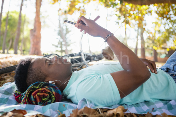 Om telefon mobil patura de picnic tânăr artă negru Imagine de stoc © wavebreak_media
