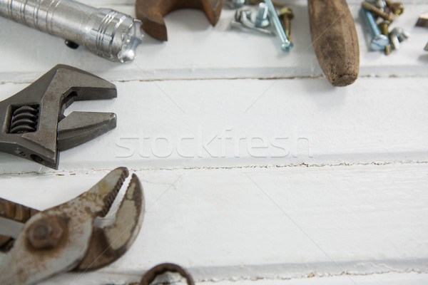 Vista Rusty herramientas mesa mesa de madera Foto stock © wavebreak_media