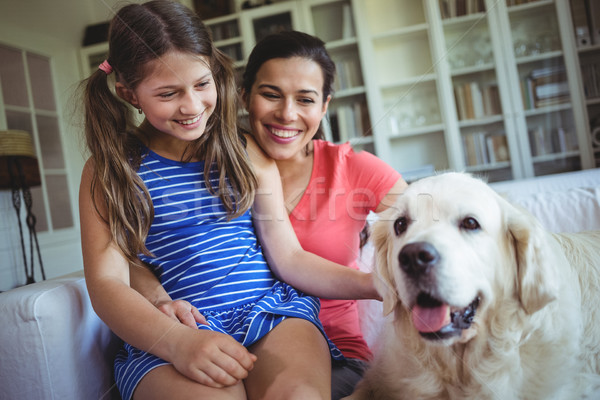 [[stock_photo]]: Mère · fille · séance · animal · chien · salon