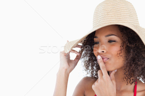 молодые брюнетка женщину пальца рот белый Сток-фото © wavebreak_media