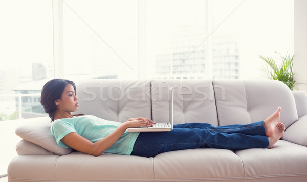 Junge Mädchen Sofa mit Laptop home Wohnzimmer Computer Stock foto © wavebreak_media