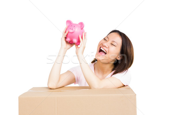 Boldog nő tart persely fehér pénz Stock fotó © wavebreak_media