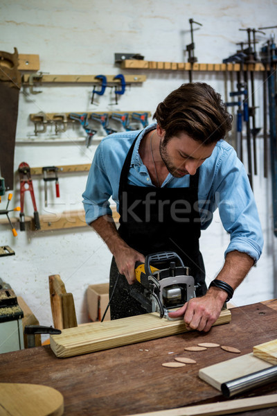 Foto d'archivio: Falegname · lavoro · polveroso · workshop · costruzione · uomo