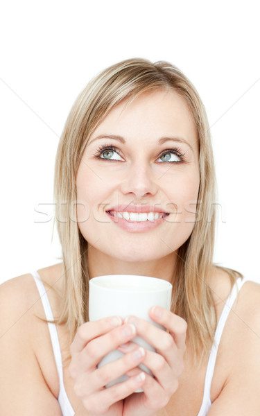 [[stock_photo]]: Portrait · jeune · femme · potable · espace · tasse · Homme