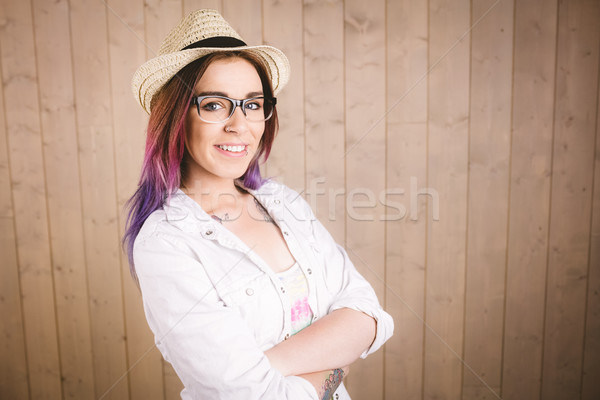 Mädchen Brillen posiert Holz Frau Stock foto © wavebreak_media
