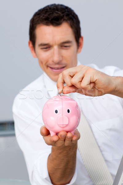 Stockfoto: Zakenman · besparing · geld · spaarpot · kantoor · man