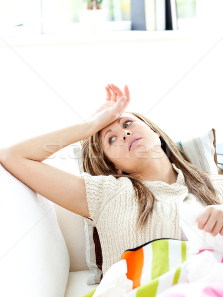 Stockfoto: Depressief · vrouw · sofa · deken · vrouwelijke · bank