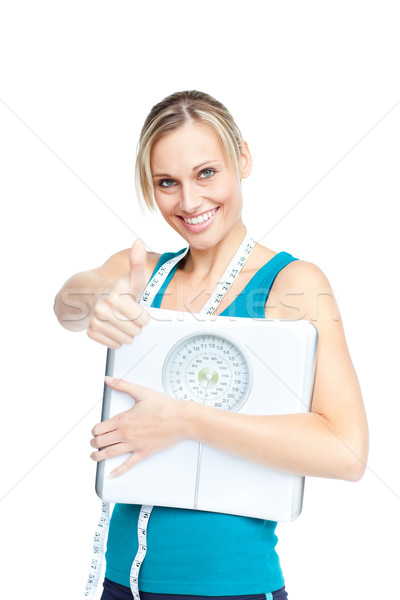 Feliz mujer escalas cinta métrica fondo femenino Foto stock © wavebreak_media