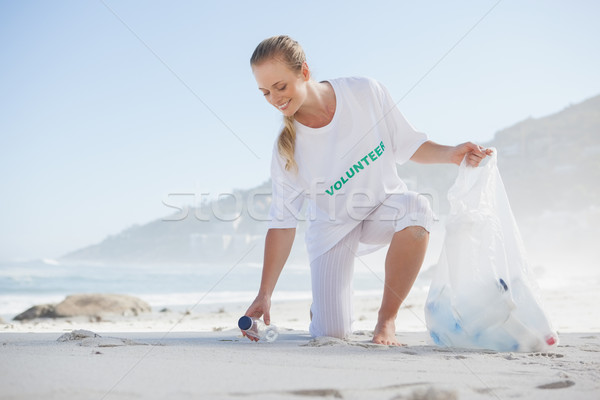 Foto stock: Ativista · para · cima · lixo · praia