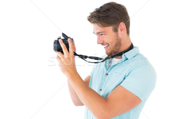 Stockfoto: Knap · jonge · man · digitale · camera · witte · gelukkig