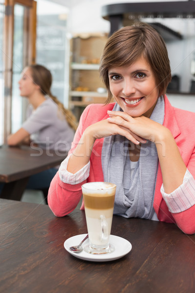 Stockfoto: Mooie · brunette · genieten · coffeeshop · koffie · gelukkig