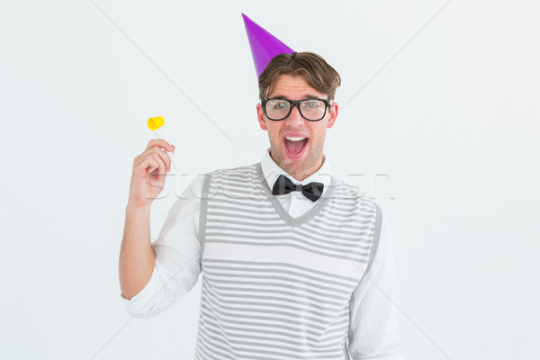 Hipszter buli kalap duda fehér boldog Stock fotó © wavebreak_media