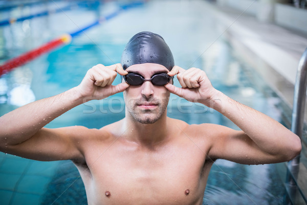Stock foto: Schöner · Mann · tragen · schwimmen · cap · Schutzbrille · Pool