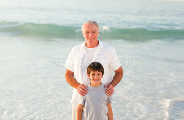 [[stock_photo]]: Grand-père · petit-fils · plage · famille · coucher · du · soleil · mer