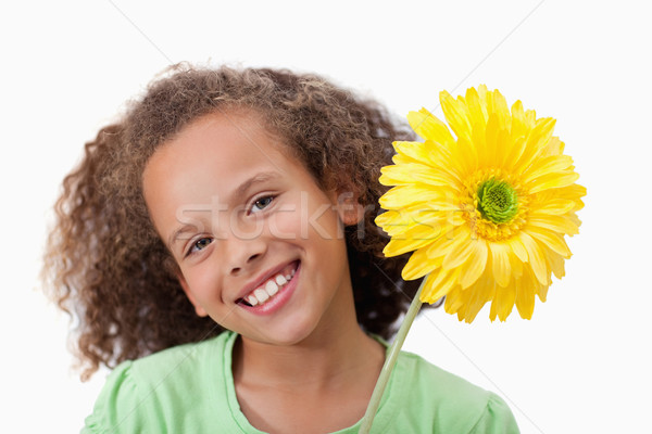 Stock foto: Cute · Mädchen · halten · Blume · weiß · Gesicht
