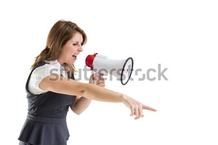 Fiatal nő kiált gesztusok pontok fehér beszél Stock fotó © wavebreak_media