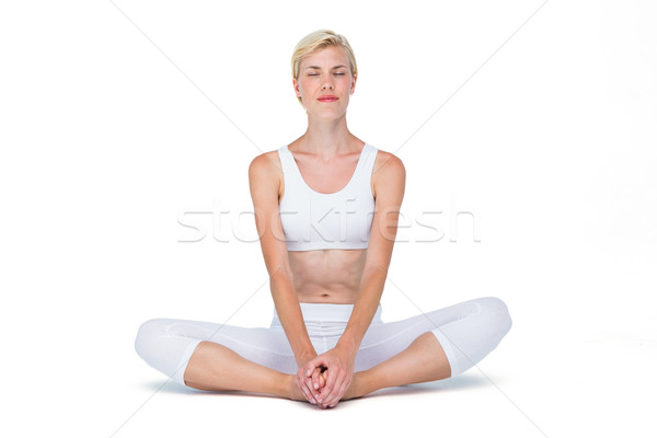 Foto stock: Caber · mulher · meditando · branco · fitness