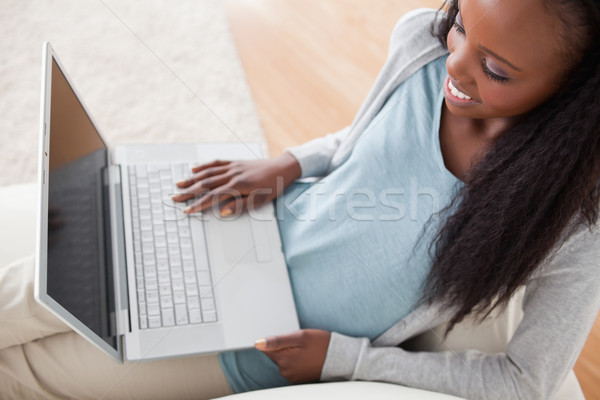 Mosolygó nő kanapé notebook otthon laptop háló Stock fotó © wavebreak_media