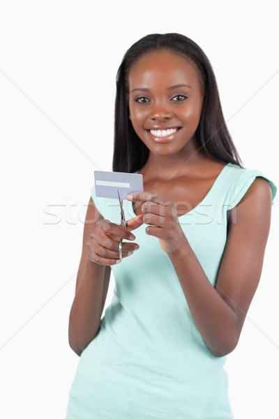 Gelukkig glimlachend jonge vrouw creditcard witte achtergrond Stockfoto © wavebreak_media
