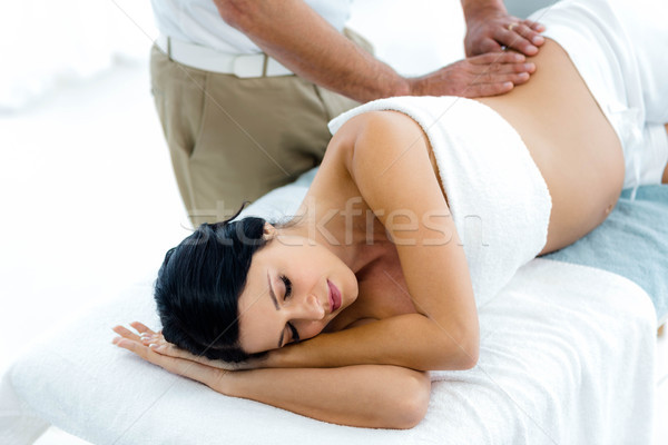 Foto stock: Mulher · grávida · de · volta · massagem · massagista · casa · corpo