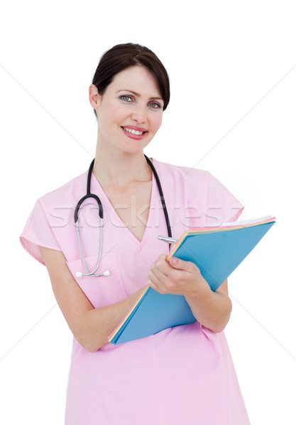 Stockfoto: Charmant · vrouwelijke · verpleegkundige · schrijven · geïsoleerd