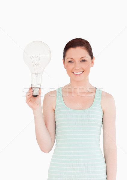 Stock foto: Herrlich · weiblichen · halten · Glühbirne · stehen · weiß