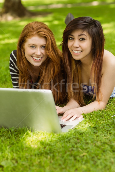 Boldog nyugodt nők laptopot használ park fiatal nők Stock fotó © wavebreak_media
