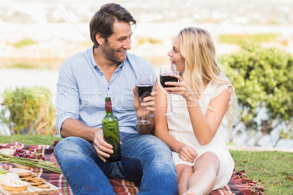 Foto stock: Cute · Pareja · fecha · junto · vino · tinto