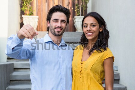 Foto stock: Homem · namorada · telefone · móvel · café · feliz