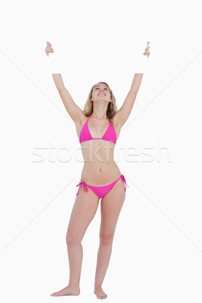 Foto stock: Mujer · mirando · anunciante · blanco · diversión