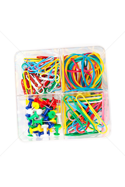 Box of multicolored of pushpins paperclips and elastics against a white background Stock photo © wavebreak_media