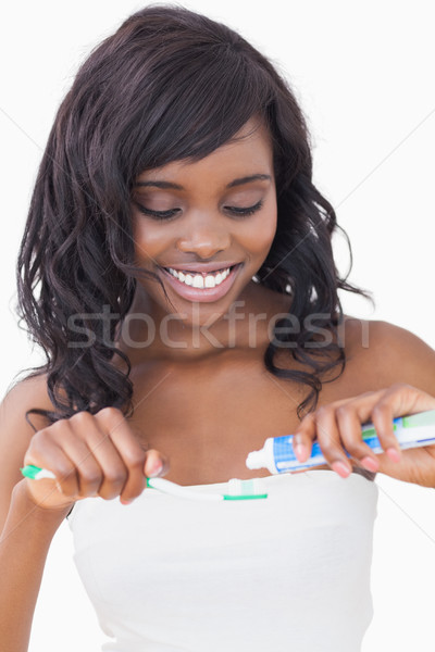 Foto stock: Mujer · sonriente · pasta · dentífrica · cepillo · feliz · belleza · negro