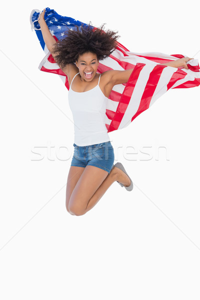 Zdjęcia stock: Dość · dziewczyna · amerykańską · flagę · skoki · uśmiechnięty · kamery
