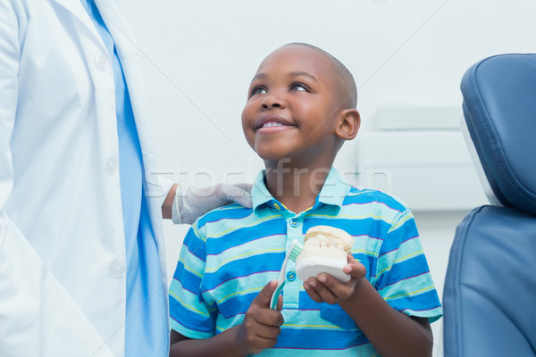 Dentist teaching boy how to brush teeth Stock photo © wavebreak_media