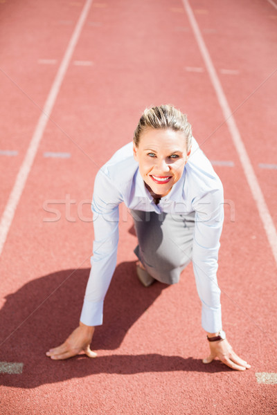 Foto stock: Retrato · empresária · pronto · correr · posição · corrida