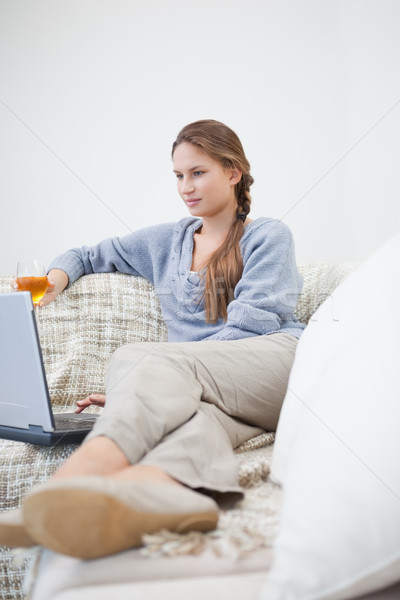 Women sitting and holding a glass while typing on a laptop in a sitting room Stock photo © wavebreak_media