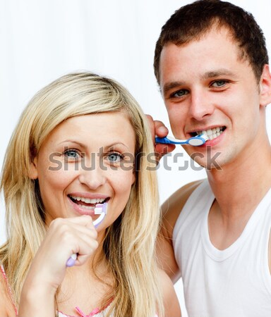商业照片: 可爱 · 情侣 · 刷牙 ·家· 浴室 · 女子
