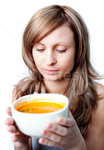 Gyönyörű nő tart leves tál fehér otthon Stock fotó © wavebreak_media