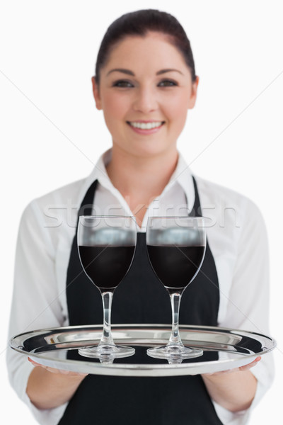 Foto stock: Garçonete · dois · óculos · vinho · prata