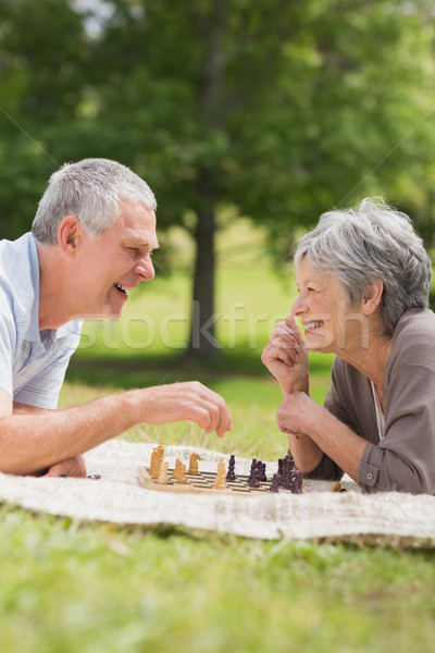 Szczęśliwy starszy para gry szachy parku widok z boku Zdjęcia stock © wavebreak_media