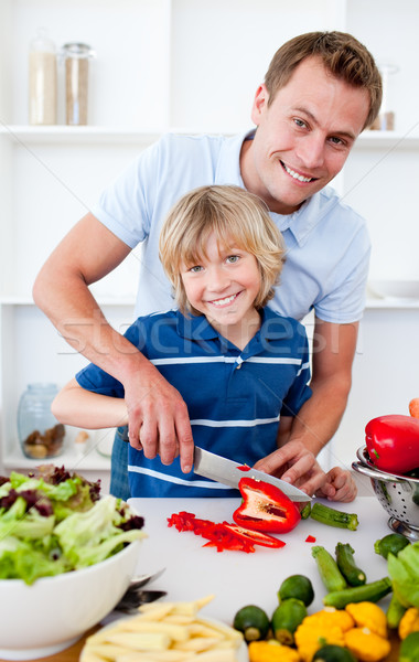 Stockfoto: Vrolijk · vader · zoon · koken · home · familie · groene